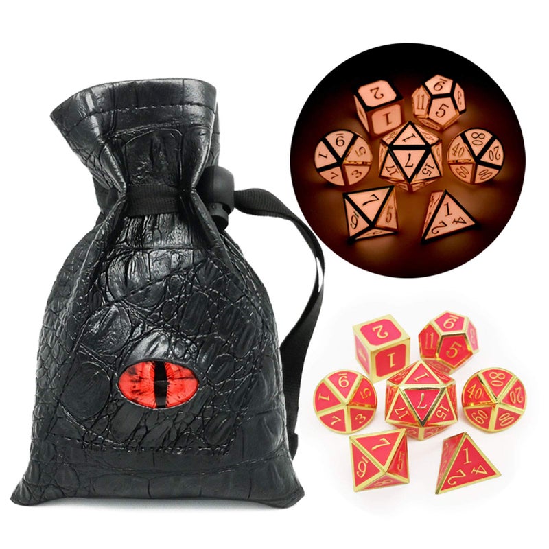 Haxtec Glow in The Dark Metal DND Dice Set Gold Pink D&D Dice Compatible with Dungeons and Dragons-Gold Glowing Red/Cream Pink - Image 1
